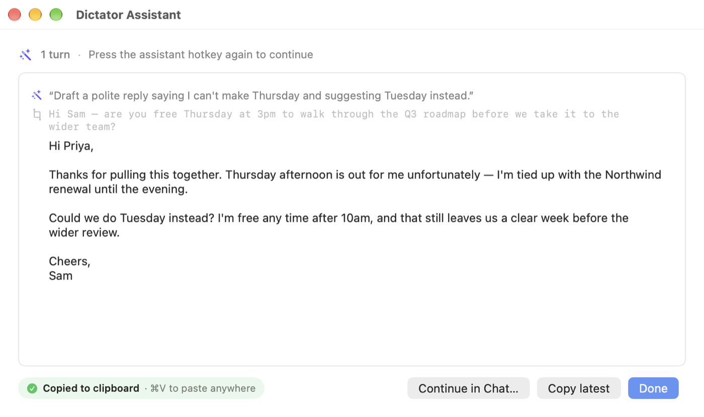 Assistant mode's small floating result window showing a drafted reply, with the instruction and the selected text above it.