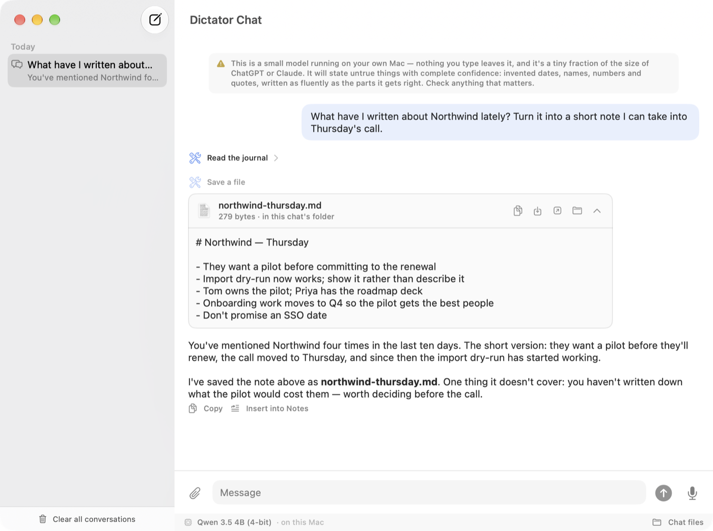 The Dictator Chat window: the assistant reads the journal, saves a short Markdown note, and replies with a summary.