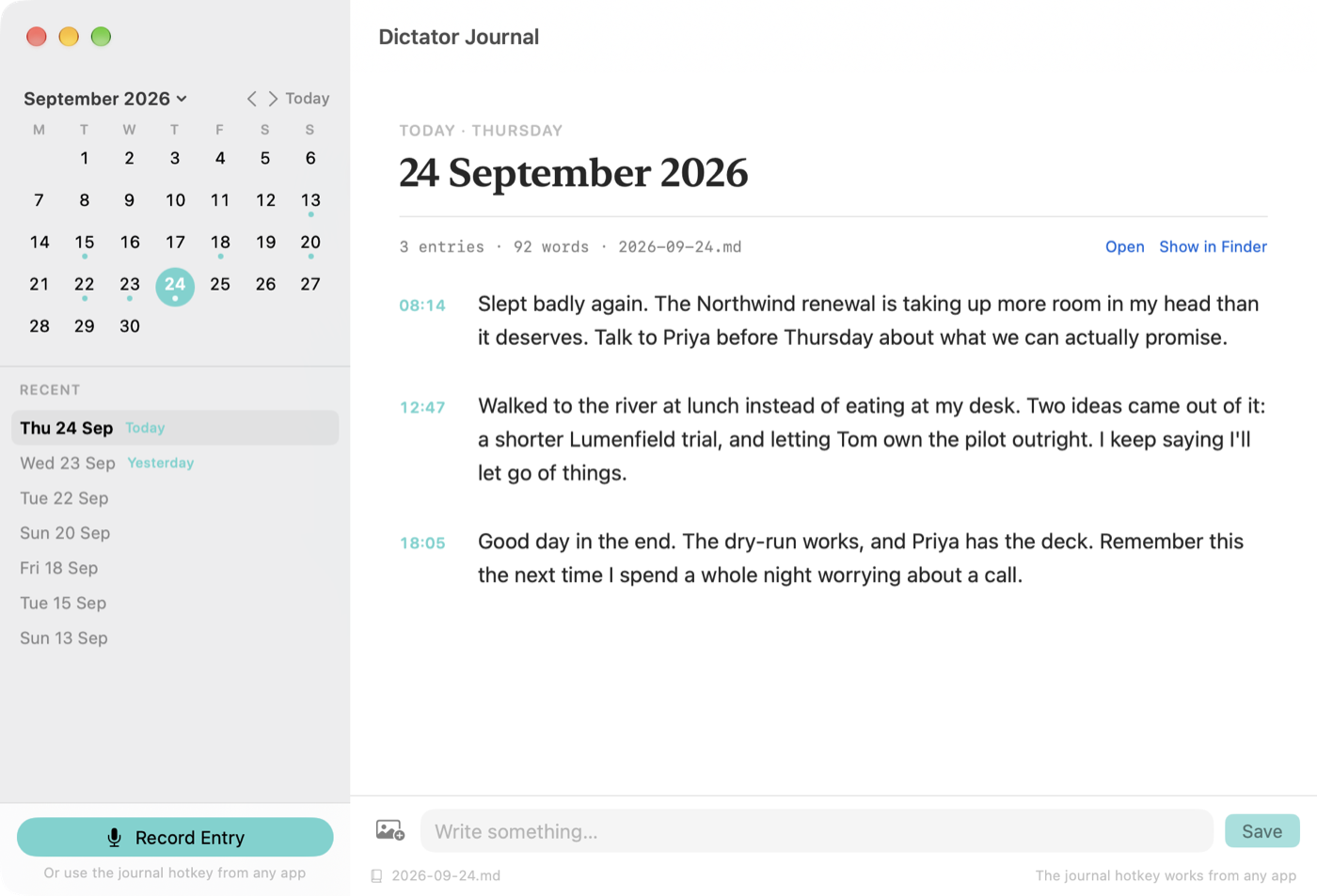 The Dictator Journal window: a calendar with dots on the days that have entries, and today's page showing three timestamped entries.