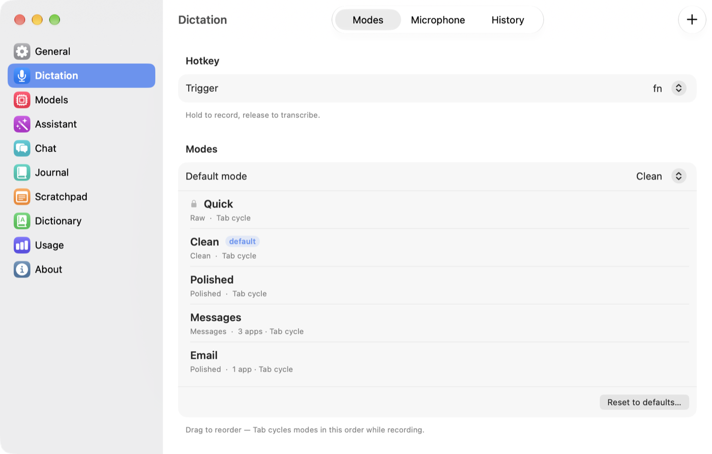 Dictator's Settings window on the Dictation → Modes pane: a reorderable list of modes, each with a style badge and the apps it auto-activates for.
