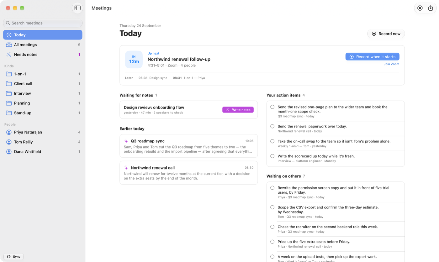 The Today screen in Dictator Meetings: the next calendar event with Record when it starts, a meeting waiting for notes, earlier meetings, and action items split into yours and other people's.